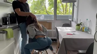 A hot chick fucked by her roommate right in the kitchen