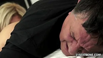 Teen girl gives a blowjob to older man